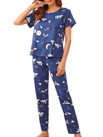 Womens Sleepwear Pant Set Cute Print Juniors Girl Short Sleeve Loungewear Pajamas Casual Loose 2 Piece Summer Outfits