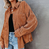 Women's Solid Color Lapel Long Corduroy Sleeve T-Shirt Pullover Blouse Tops Tee