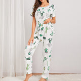 Women Short Sleeve Tops+Pants Round Neck Loungewear Sleepwear Outfit Graphic Print Pajama Set