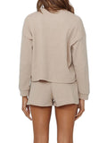 Women Two Piece Tracksuit Set Knitted Long Sleeve Tops Shorts Fitness Loungewear