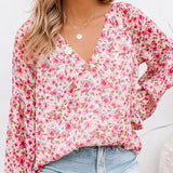 Ladies V-neck Floral Blouse Women's Lantern Long Sleeves Loose Fit Tops Shirts