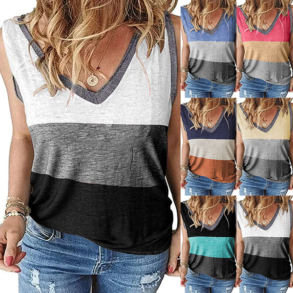 Women Color Block Tank Tops Sleeveless V Neck Summer Casual Tee Shirt Loose Tees