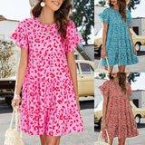 Ladies Floral Print Ruffle Dress Short Sleeve Summer Round Neck Loose Mini Dress