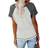 Women Color Matching V-Neck Short Sleeve Top T-Shirt Loose Blouse Pullover Tunic