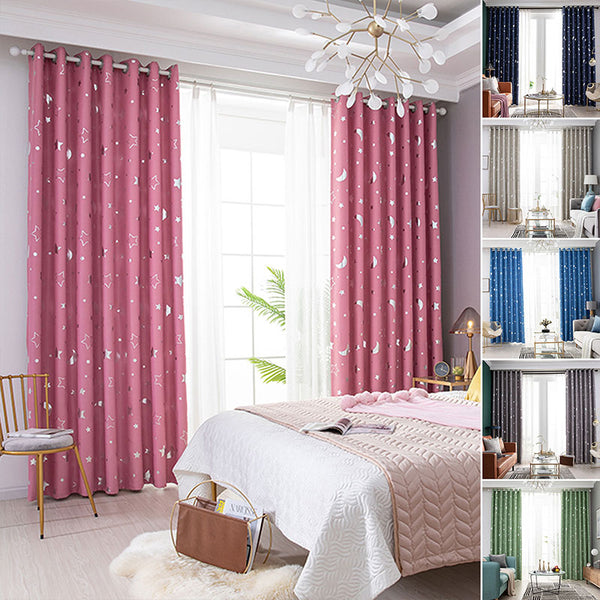 Kids Moon and Stars Blackout Curtains for Girls Bedroom Grommet Thermal Insulated Room Darkening Printed Curtains