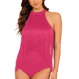 Womens Fringe Trim Sleeveless Bodycon Halter Bodysuit Top
