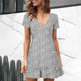 Women's Ruffle Sleeve Dresses Summer Sexy V Neck Floral Print Boho Beach Dress