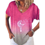 Women Summer Gradient Top V Neck Short Sleeve T Shirt Casual Dandelion Print Blouse Loose Pullover