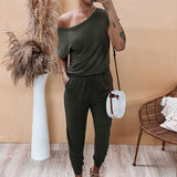 Womens Jumpsuit Crew Neck Off Shoulder Short Sleeve Elastic Waist Romper with Pockets