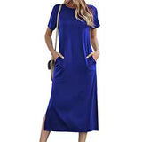 Lumento Women's Short Sleeve Split Maxi Dress Casual Tie Dye Print Shirt Long Dress with Pockets