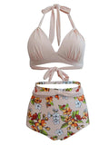 Women's High Waist Bikini Set Tummy Control Swimsuit Swimwear Halter Lace Up Bra Tops Summer Bathing Suits Floral 2 Pieces Swimming Costume Set Plus Size S-XXXL