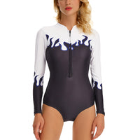 White Women Zipper Front Wetsuit Swimsuit Long Sleeve One-piece Bathing Suit UV Sun Protection Surfing Swimwear Tummy Control Diving Beachwear