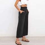 Women Plain Daily Wear Trousers Casual Buttons Palazzo Pant Loose Fit Solid Color Pants