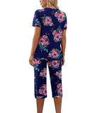Women Floral Pajama Set Sleepwear Tops with Capri Pants Outfits Ladies Summer Comfy Sleep Nightshirt PJS Set