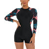 Women Floral Surfing Bathing Suit One-piece Swimming Suit Tummy Control Monokinis Swimsuit Long Sleeve Wetsuit Swimwear UV Sun Protection Beachwear