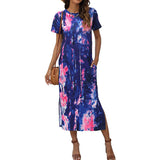 Lumento Women's Short Sleeve Split Maxi Dress Casual Tie Dye Print Shirt Long Dress with Pockets