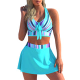 Women Sexy Swimwear V Neck Sleeveless Skirt Set Bow Tie Casual Bathing Suit High Waist Backless Swimdress Ruffle Hem Holiday Summer