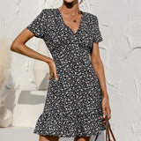 Women's Ruffle Sleeve Dresses Summer Sexy V Neck Floral Print Boho Beach Dress