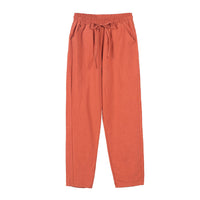 Ladies Cotton Elastic Waisted Pants Women Tapered Trousers Pockets Summer Solid Color Casual Bottom