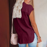 Women Solid Short Sleeve Shirt Lapel Blouse Baggy Loose Tunic Casual Tops Button-Down Cardigan