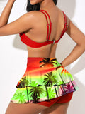 XS-XXL Women's Two Piece Swimsuit Bikini Set Summer Coconut Tree Prints Swimwear High Waist Tankini Double Suspenders Bra Tops+ Swimdress Bottoms Bathing Suits