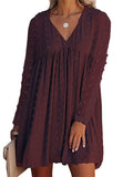 Women's Solid Color V-Neck Mini Dresses Casual Long Sleeve A-Line Dresses Ruched