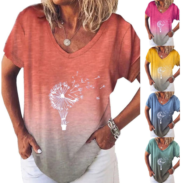 Women Summer Gradient Top V Neck Short Sleeve T Shirt Casual Dandelion Print Blouse Loose Pullover