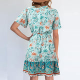 Women Summer Sun Dress Short Sleeve V-Neck Floral Mini Dress Boho Beach Retro V Neck Tassel Swing Tunic Dress