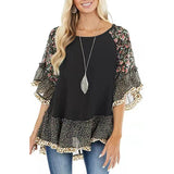 Women Leopard Print Floral Print Tops Bat Sleeve Color Block Half Sleeve T-shirt
