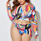 Women Plus Size 3 Piece Bikini  Swimsuit Long Sleeve Bathing Suit Zipper Front Beachwear Swimwear With Scarf