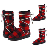 Women Red Plaid Lace Up Cotton Boots Flat Round Toe Casual High Top Warm Boots