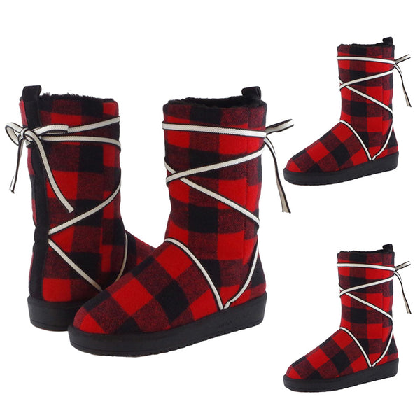 Women Red Plaid Lace Up Cotton Boots Flat Round Toe Casual High Top Warm Boots