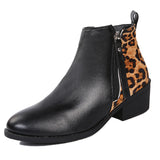Women's Leopard Stitching Casual Ankle Boots Zip Round Toe Chunky High Top Shoes