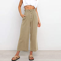 Women Plain Daily Wear Trousers Casual Buttons Palazzo Pant Loose Fit Solid Color Pants