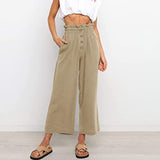 Women Plain Daily Wear Trousers Casual Buttons Palazzo Pant Loose Fit Solid Color Pants