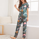 Women Short Sleeve Tops+Pants Round Neck Loungewear Sleepwear Outfit Graphic Print Pajama Set