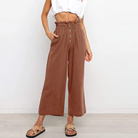 Women Plain Daily Wear Trousers Casual Buttons Palazzo Pant Loose Fit Solid Color Pants