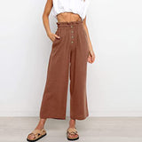 Women Plain Daily Wear Trousers Casual Buttons Palazzo Pant Loose Fit Solid Color Pants
