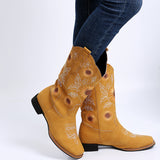 Ladies Sunflower Print Mid Calf Boots Slip On Daily Wear Chunky Heel Tall Boot