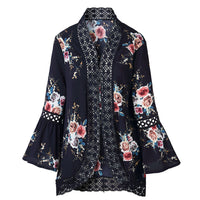 Lady Lace Hollow Flowers Flared Sleeve Open Front Outwear Casual Light Smock Top
