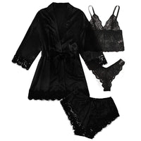 Womens Satin Pajama Set 4 Pcs Floral Lace Trim Cami Lingerie Sleepwear with Robe Nightwear