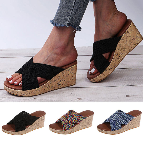 Women Cross Strap Slippers Mules Wedge Anti-Slip Casual Shoes Peep Toe Sandals