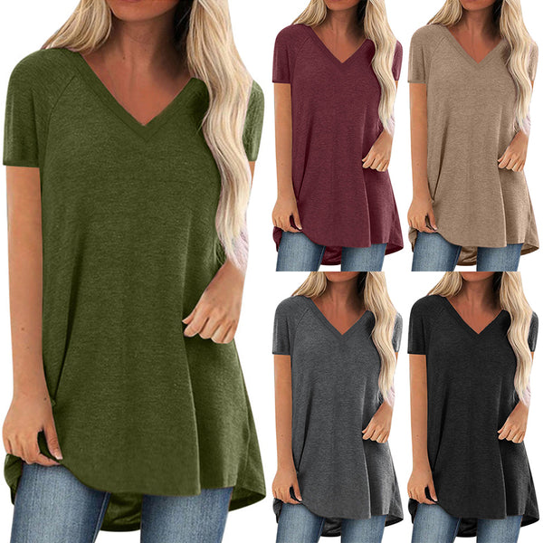 Women Solid Color Shirt Pullover V Neck Casual Blouse Plus Size Spring Summer