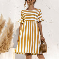 Women Fashion Skirt Striped Printed Short Sleeve Round Neck Casual Dress Ruffles