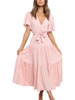 Women's Solid Color Dress Long Short Sleeve Lace Up V Neck Comfortable Dresses