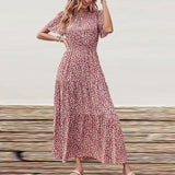 Lumento Women Summer Floral Print Dress Casual Boho Short Sleeve Ruffle Tiered Dress Swing Maxi Dress