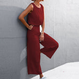 Womens Casual Solid Color Sleeveless Jumpsuit Long Pants