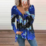 Womens Butterfly Print V Neck Zip T-shirt Long Sleeve Pullover Casual Loose Tops