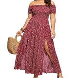 Women Sexy Floral Printed Maxi Dresses Short Sleeve Swing Dress Skirt Side Split