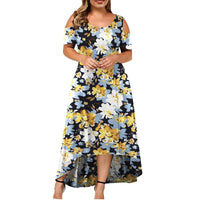 Lumento Plus Size Women Dress Sexy Cold Shoulder Floral Print Long Dress Party Beach Dress